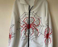 Spider Web Printed Hoodie With Drop Shoulder Design,  White and Red