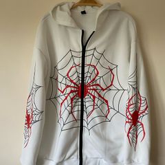 Spider Web Printed Hoodie With Drop Shoulder Design,  White and Red
