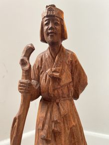 Vintage Wooden hand Carved Asian Figurine old Korean woman with a stick
