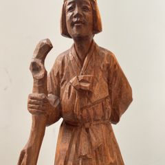 Vintage Wooden hand Carved Asian Figurine old Korean woman with a stick