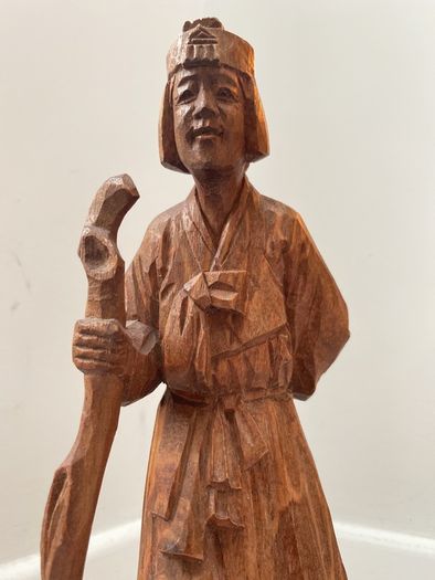 Vintage Wooden hand Carved Asian Figurine old Korean woman with a stick