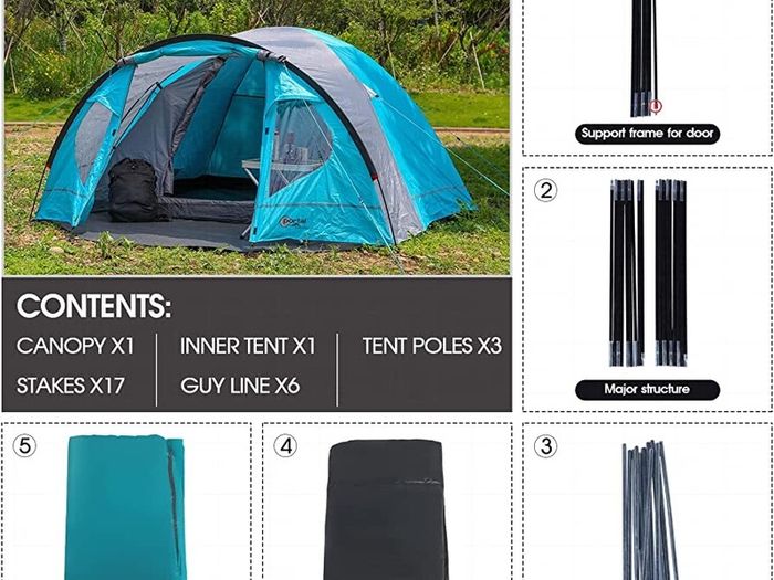 3-4 Man Tent with Porch, Camping Tent for 3 to 4 Persons with Sewn-in Groundsheet, 4000mm Waterproof Family Tent with Bedroom, Lightweight Dome Tent for Outdoor Garden Backpacking Hiking (FREE POSTAGE)