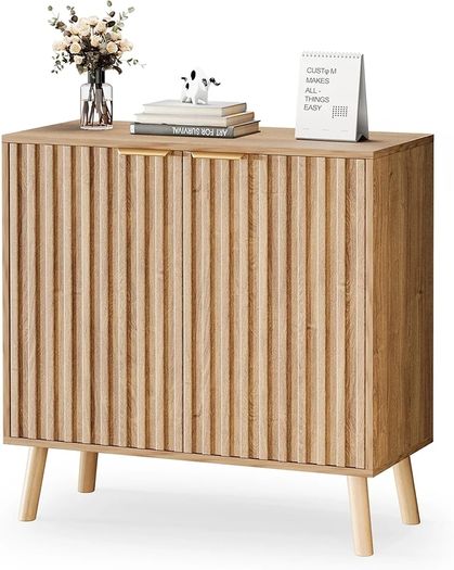 Sideboard, Buffet Storage Cabinet with Fluted Decorating, Sideboard Storage Cabinet with 2 Doors & Adjustable Shelf, Kitchen Cupboard for Living Room, Dining Room, 35 x 77 x 78 cm, Oak