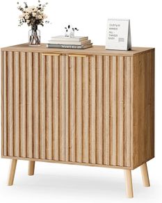 Sideboard, Buffet Storage Cabinet with Fluted Decorating, Sideboard Storage Cabinet with 2 Doors & Adjustable Shelf, Kitchen Cupboard for Living Room, Dining Room, 35 x 77 x 78 cm, Oak