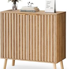 Sideboard, Buffet Storage Cabinet with Fluted Decorating, Sideboard Storage Cabinet with 2 Doors & Adjustable Shelf, Kitchen Cupboard for Living Room, Dining Room, 35 x 77 x 78 cm, Oak