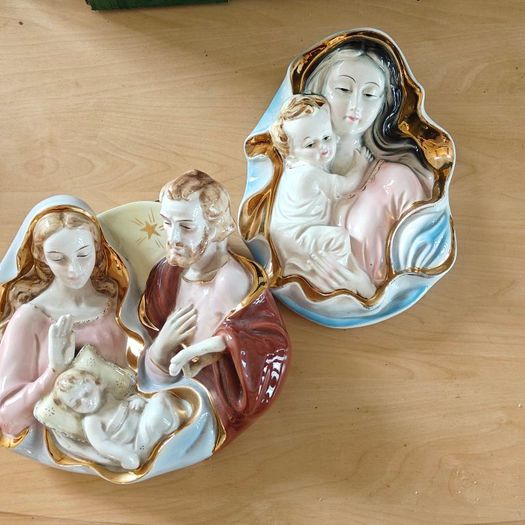 Pair of  glazed, gilt, porcelain Holy Family, infant Jesus Italian wall plaques, devotional item,