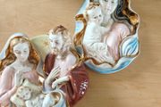 Pair of  glazed, gilt, porcelain Holy Family, infant Jesus Italian wall plaques, devotional item,