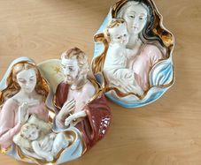 Pair of  glazed, gilt, porcelain Holy Family, infant Jesus Italian wall plaques, devotional item,