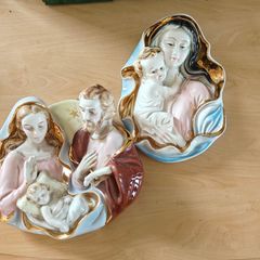 Pair of  glazed, gilt, porcelain Holy Family, infant Jesus Italian wall plaques, devotional item,