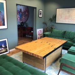 Bespoke Bowling Alley Coffee Table Reclaimed Wood, Art Drawers, Hidden Safe