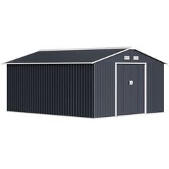 13 x 11ft Garden Metal Storage Shed, Outdoor Storage Tool House with Ventilation Slots, Floor Foundation and Lockable Double Doors, Grey