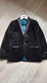Boys Black Velvet Jacket with Silk Trim, Black Trousers and Dickey Bow