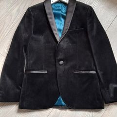 Boys Black Velvet Jacket with Silk Trim, Black Trousers and Dickey Bow