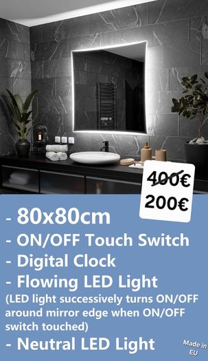 LED Bathroom Mirror 80x80cm Clock Flowing LED Bright Light Touch Switch