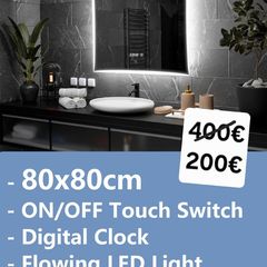 LED Bathroom Mirror 80x80cm Digital Clock Flowing LED Light