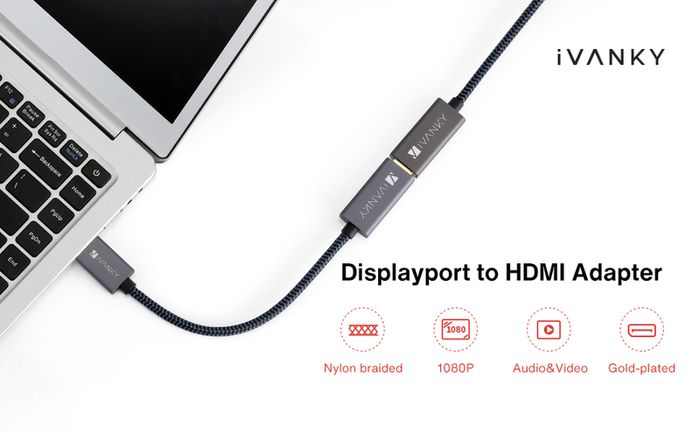 iVANKY DisplayPort (Male) to HDMI (Female) 1080P Gold-Plated/Nylon-Braided Cable Adapter (Brand New/Warranty)
