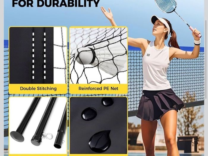 Outdoor Badminton Net Set with Anti-Sag Winch System - Official Size 6.1x1.55m, 4 Rackets, 3 Badminton Balls, Durable PE Net and Carrying Bag for Backyard, Beach and Family Games