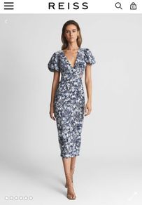 MIDI dress Puff sleeve blue flowerpeint Reiss size 14 Brand New