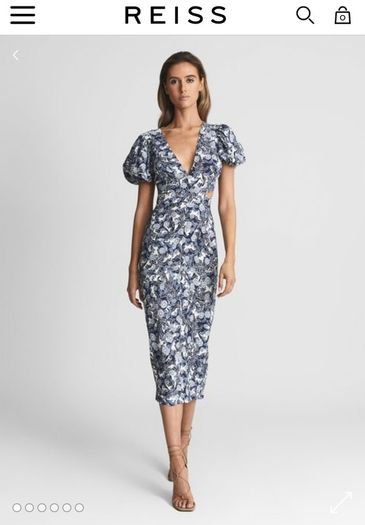 MIDI dress Puff sleeve blue flowerpeint Reiss size 14 Brand New