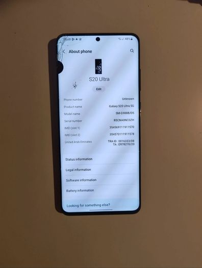 Samsung Galaxy S20 Ultra 5G black poor condition