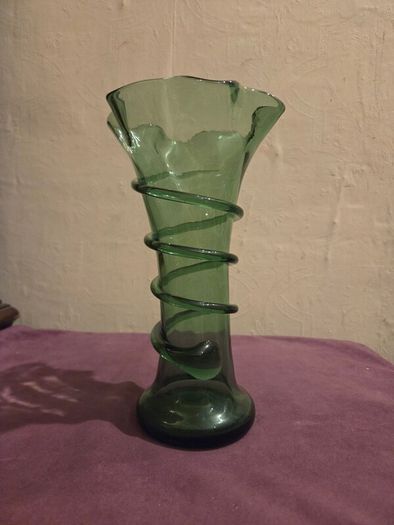 1970's Hand Blown Green Glass Vase