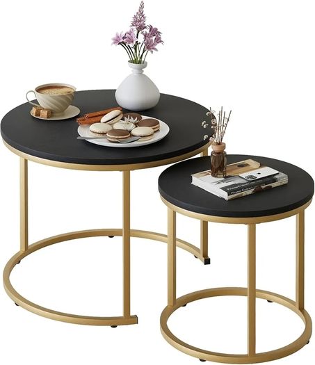 Round Coffee Tables, Set of 2 End Table, Nesting Tables, Side Table Metal Gold Frame for Living Room/Bedroom/Balcony/Office/Apartment, Diameter 23.6/15.7 IN, Black Top, Prevent right angles