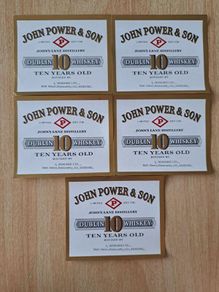 Lot of 5 vintage  John Power & Son 10 years old Dublin whiskey labels No2