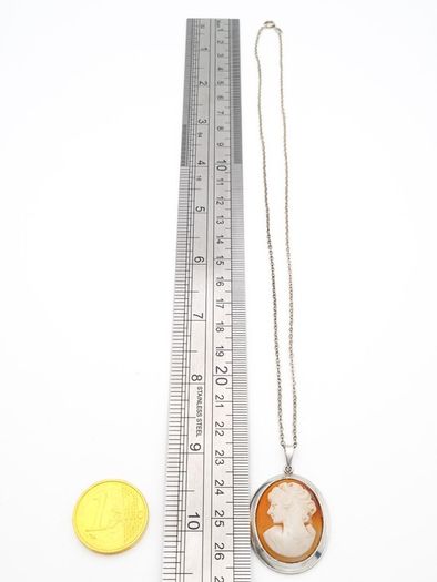 Lady Cameo Carved Shell Sterling Silver Necklace