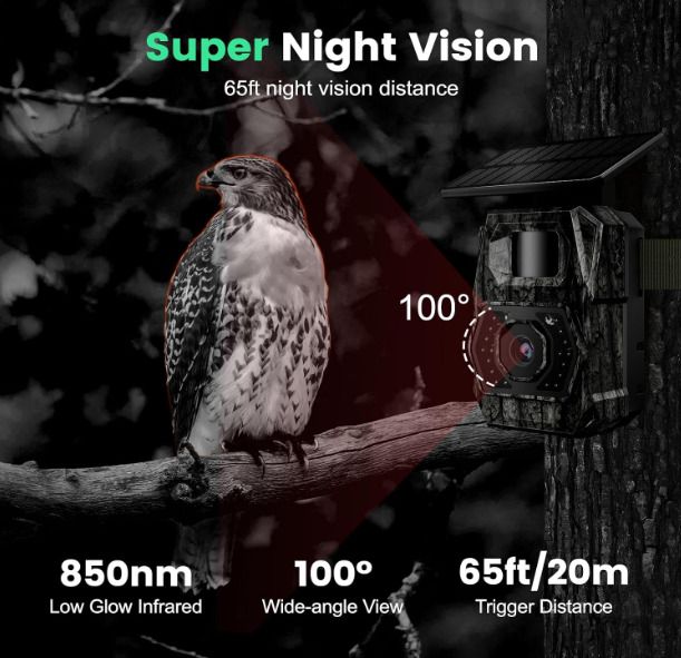 MAXDONE Solar WiFi Wildlife Camera 4K 64MP with Night Vision Motion Activated