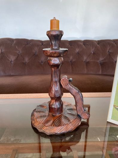 Primitive Candle Stick Antique Style Wood with Iron Tacks