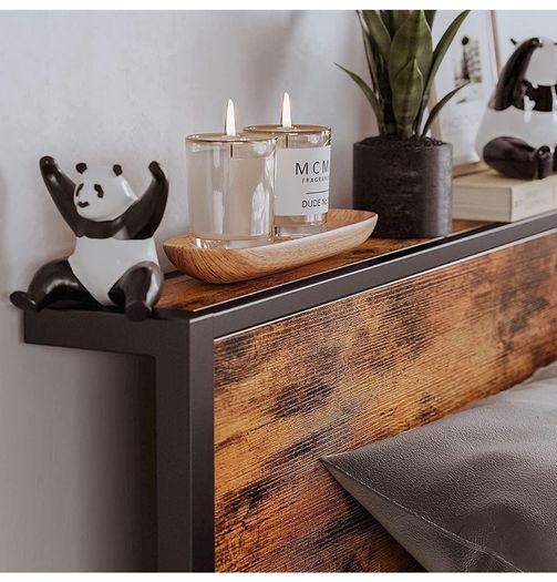 Double Bed Frame with Wooden Storage Shelf Headboard,No Box Spring Needed Metal Platform Bed Frame Double ,Noise Free,Reinforced Strong Support Leg,Textured Black&Brown Oak