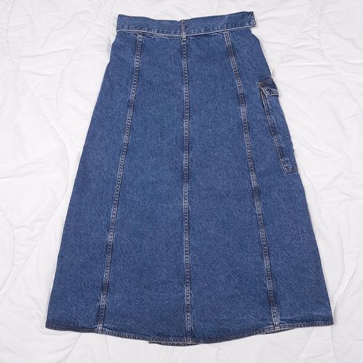 Zara Mid Blue Denim Utility Cargo Pocket Belted D-Ring Midi Skirt Size S