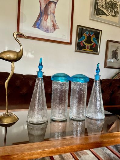 Set of Glass Genie Bottles with Turquoise Blue Flame Stoppers and Tall Containers with Mushroom Lids MCM Retro