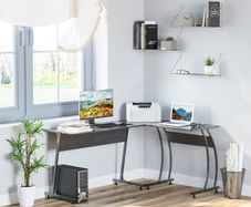 L Shape Computer Desk Corner Display Table Laptop Study Desk Minimalist Space Saving Wood Steel Gaming PC Workstation for Home Office 112.5x152x74cm Black