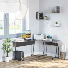 L Shape Computer Desk Corner Display Table Laptop Study Desk Minimalist Space Saving Wood Steel Gaming PC Workstation for Home Office 112.5x152x74cm Black