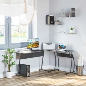 L Shape Computer Desk Corner Display Table Laptop Study Desk Minimalist Space Saving Wood Steel Gaming PC Workstation for Home Office 112.5x152x74cm Black