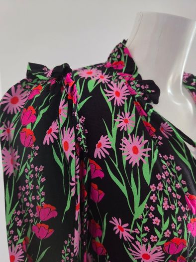 New. Warehouse Size 8 Black Floral print dress with frill trim.