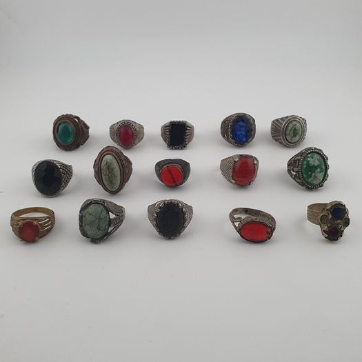 Antique Lot of 15 Bohemian Brass Rings  Assorted Ethnic & Tribal Designs