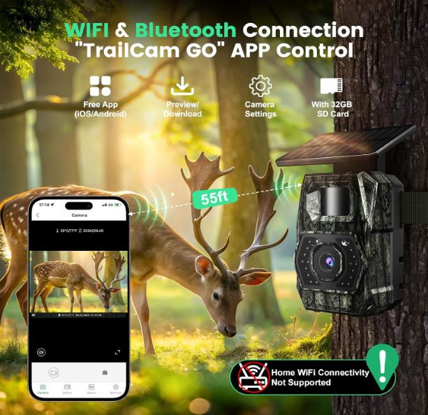 MAXDONE Solar WiFi Wildlife Camera 4K 64MP with Night Vision Motion Activated