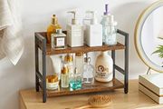 2-Tier Spice Rack Industrial Counter Shelf Desktop Storage Organizer Standing Seasoning Rack for Countertop Kitchen Office Living Room Desktop Rustic Brown