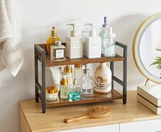 2-Tier Spice Rack Industrial Counter Shelf Desktop Storage Organizer Standing Seasoning Rack for Countertop Kitchen Office Living Room Desktop Rustic Brown