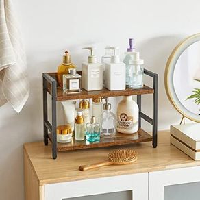 2-Tier Spice Rack Industrial Counter Shelf Desktop Storage Organizer Standing Seasoning Rack for Countertop Kitchen Office Living Room Desktop Rustic Brown