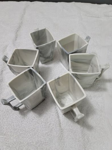 Stylish Modern Porcelain China Square 55 Piece Dinner Set, Marble Grey, Dinnerware, Dinner Party Set. Plates, Cups Mugs Bowls Egg Cups
