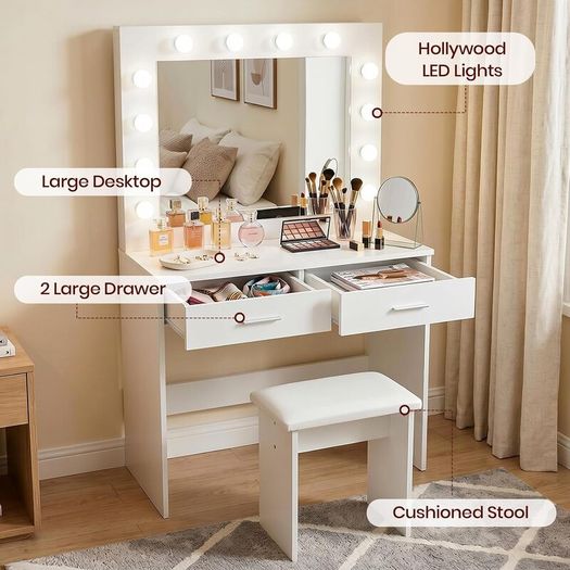 LED Dressing Table Set Vanity Makeup Table 2 Large Drawers (Black White)