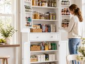 Tall White Storage Cabinet with Shelves and Drawer  XL Freestanding MDF Pantry Unit 182 cm