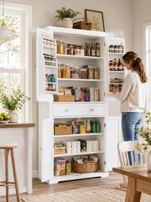 Tall White Storage Cabinet with Shelves and Drawer  XL Freestanding MDF Pantry Unit 182 cm