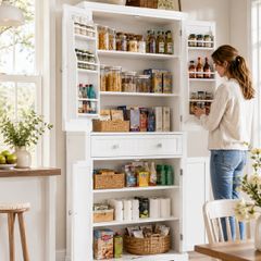 Tall White Storage Cabinet with Shelves and Drawer  XL Freestanding MDF Pantry Unit 182 cm
