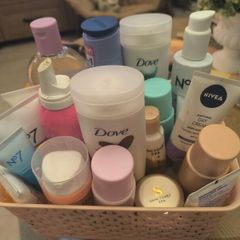 basket of mixed cleansers/lotions