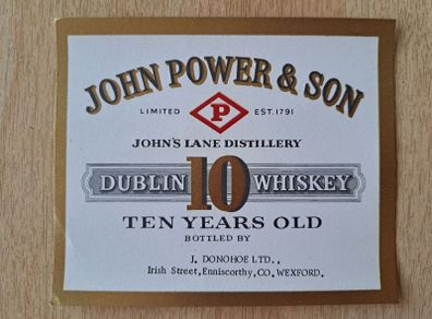 Vintage  John Power & Son 10 years old Dublin whiskey label No2