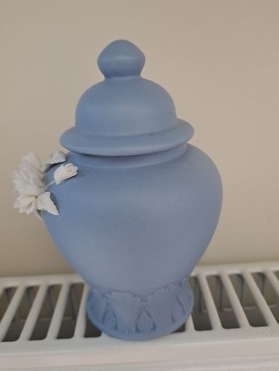 Vintage light blue Jasperware urn